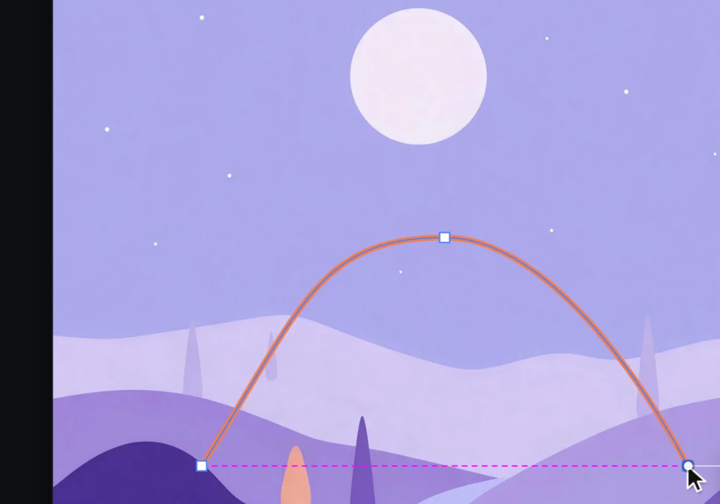Anchor's pen finishing a curve, with a smart guide lining up its end point