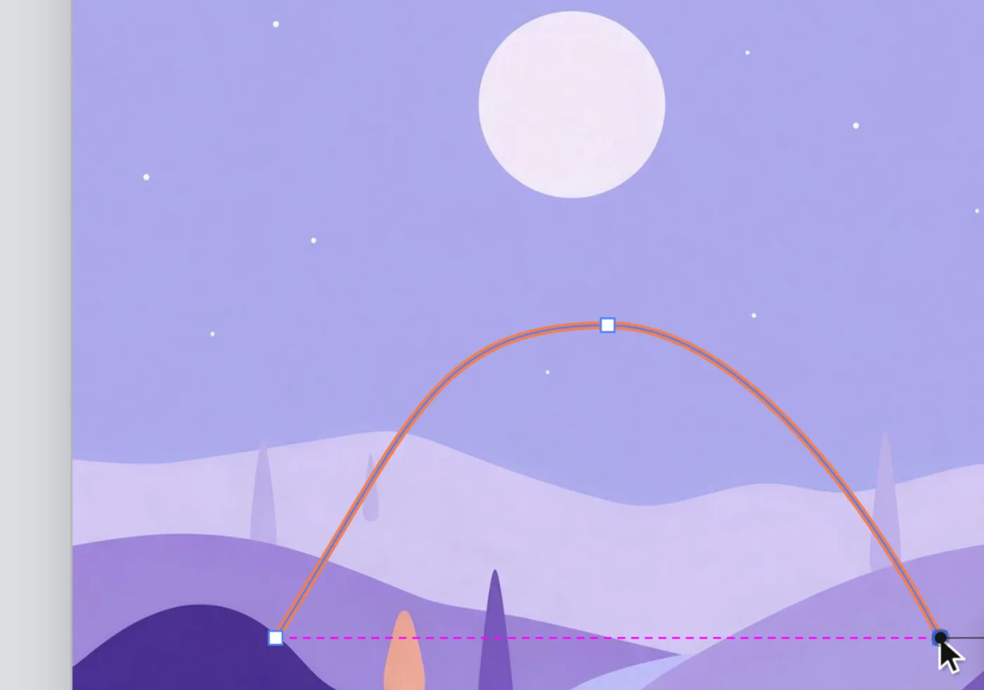 Anchor's pen finishing a curve, with a smart guide lining up its end point