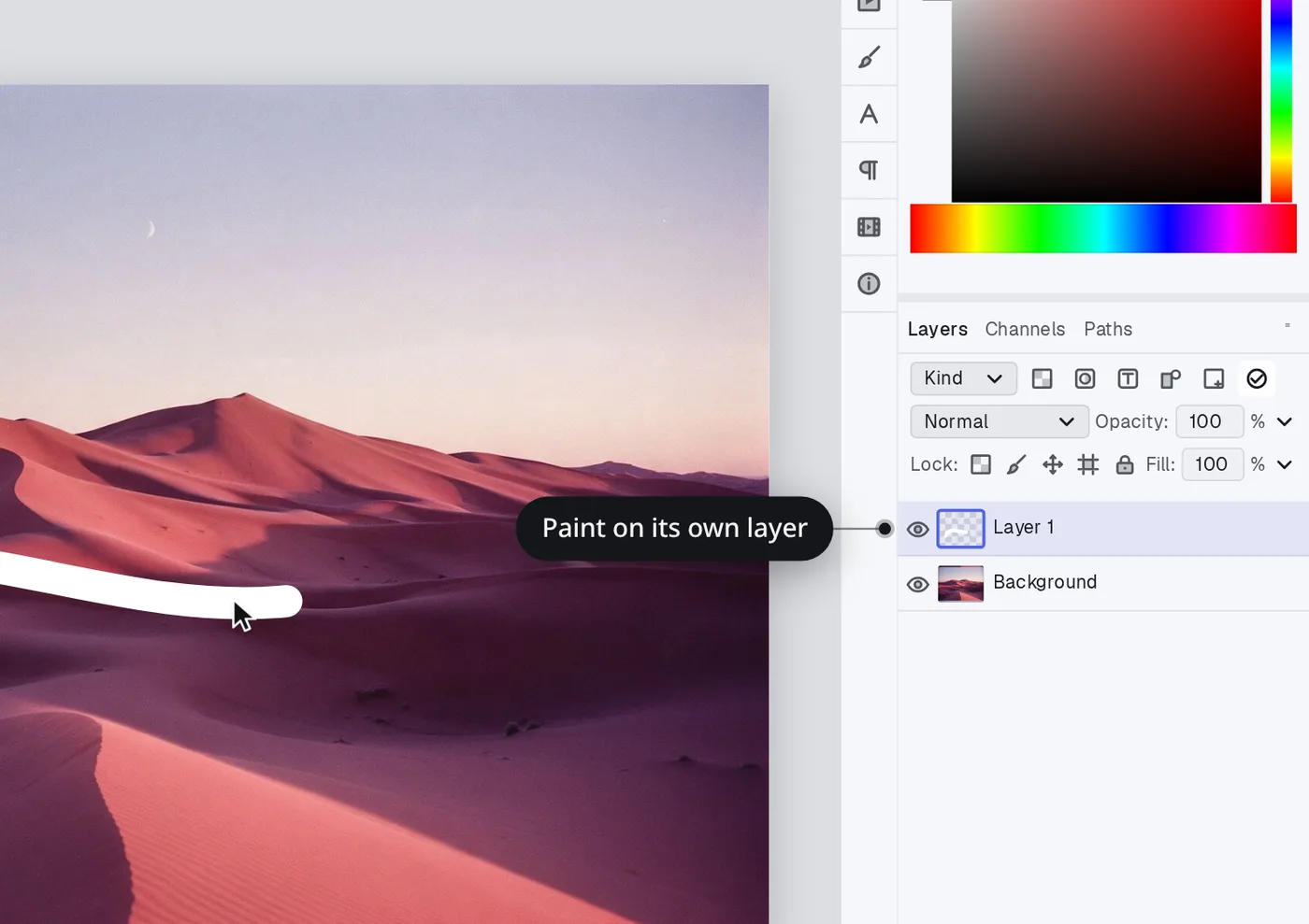 A white brush stroke painted on its own layer above a photo in Canvas