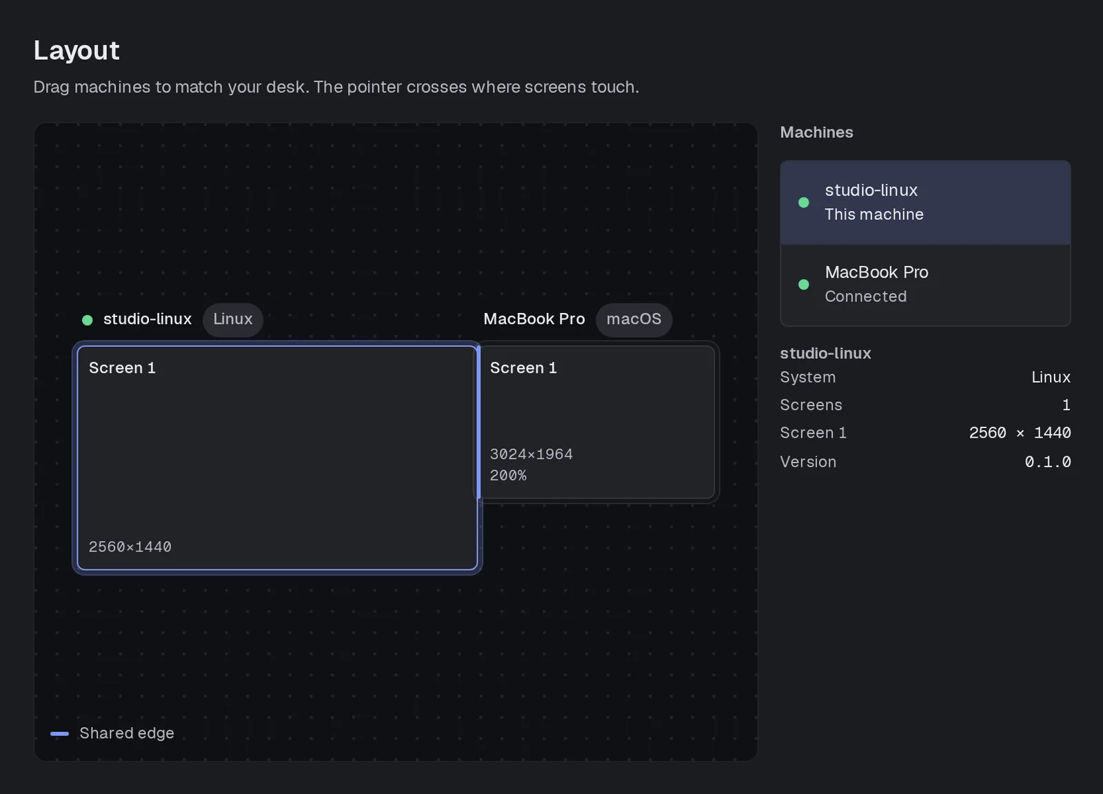 Roam's layout screen with a Linux PC and a MacBook Pro side by side