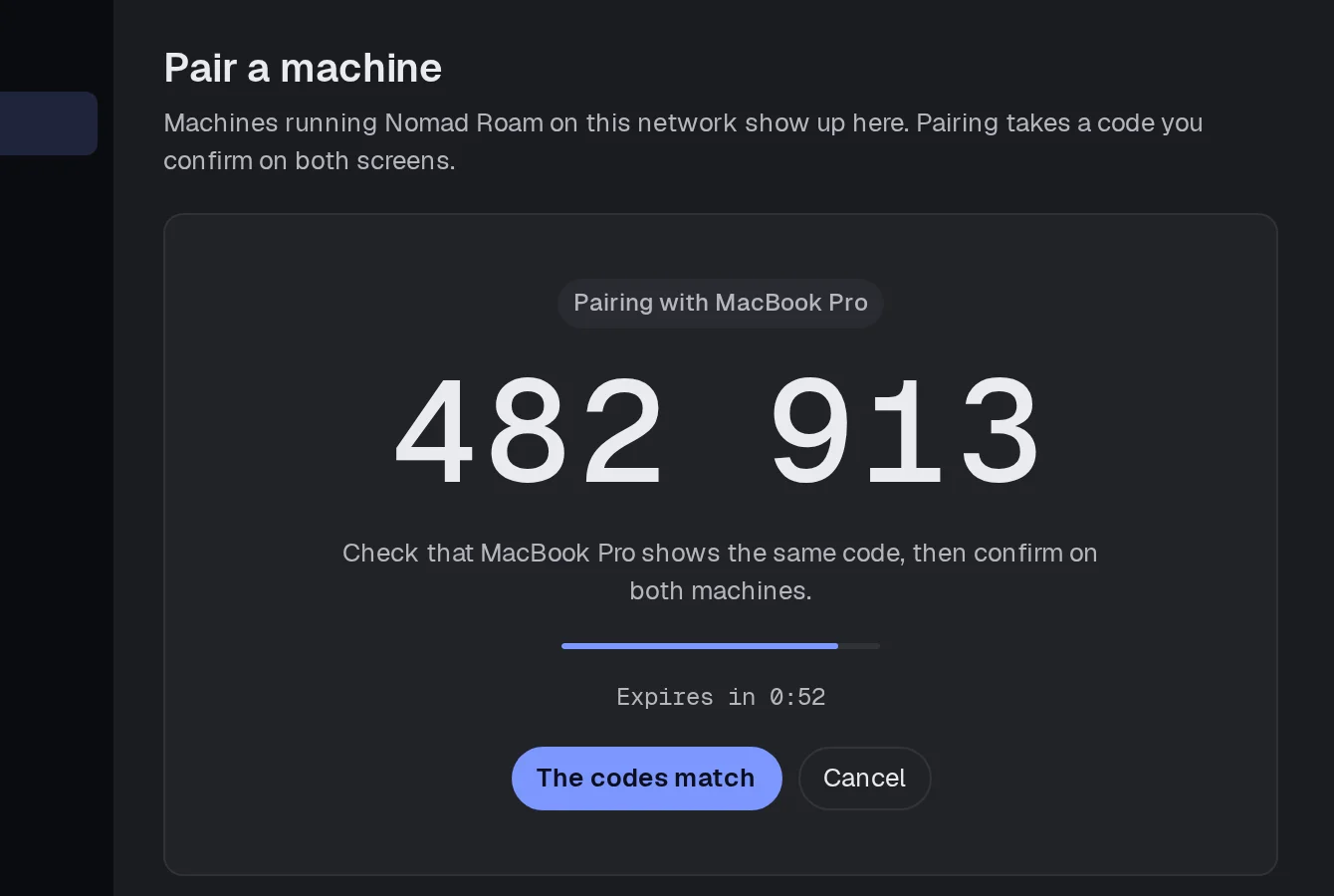 Roam showing a six-digit pairing code to check against the other computer