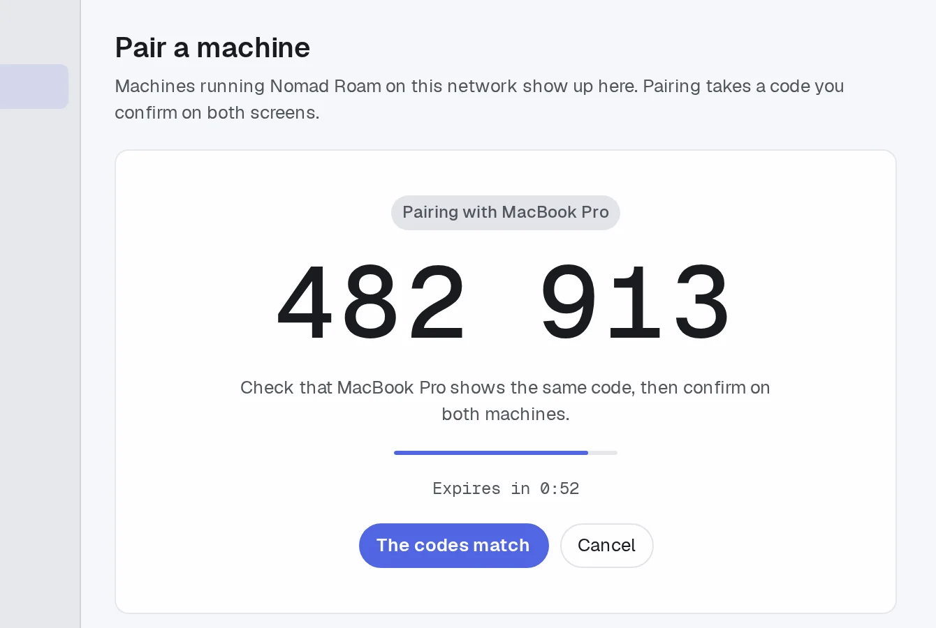 Roam showing a six-digit pairing code to check against the other computer